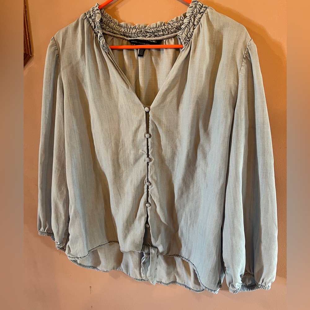 White House Black Market light blue tie front top.